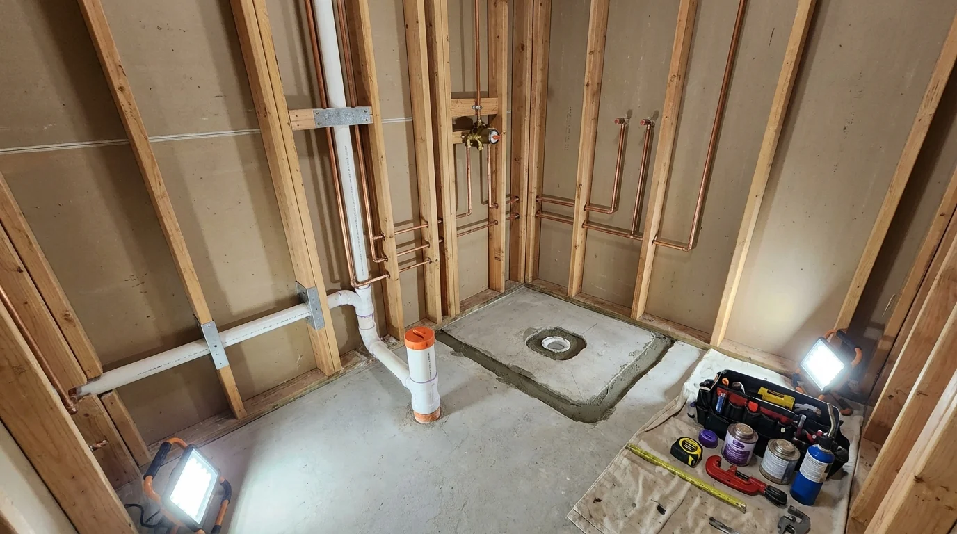 Bathroom rough-in plumbing during remodel by Johns Plumbing LLC in Central Point