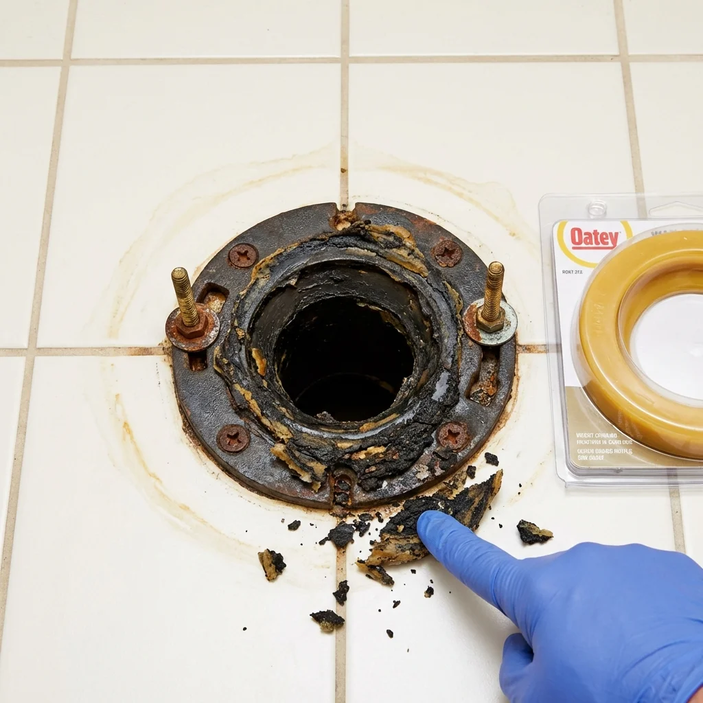 Failed wax ring showing water seepage at the base of a toilet in a Central Point, OR home
